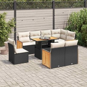 3327724 vidaXL Set mobilier grădină perne 9 piese negru poliratan/lemn acacia