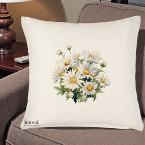 Perna Decorativa Buchet Margarete Albe Acuarela, 40x40 cm, Crem Reliefat, Husa Detasabila, Perna Inclusa, BEKZ®