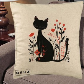 Perna Decorativa Pisica Neagra Flori Rosii Folk Minimal, 40x40 cm, Bej, Husa Detasabila, Perna Inclusa, BEKZ®