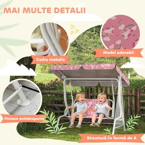 AIYAPLAY Leagăn pentru Copii de Exterior cu 2 Locuri, Acoperiș Reglabil și Centuri de Siguranță, Leagăn Grădină și Interior din Oțel și Material Oxford, Max 60 kg, 112x75x120 cm, Roz | Aosom Romania