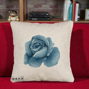 Perna Decorativa Trandafir Albastru Acuarela, 40x40 cm, Bej Canapea, Husa Detasabila, Perna Inclusa, BEKZ®