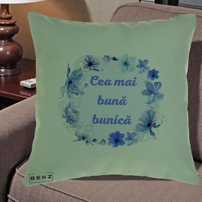 Cadou pentru Bunica - Perna Personalizata Cea Mai Buna Bunica Coronita Flori Albastre Acuarela, 40x40 cm, Verde, Husa Detasabila, Perna Inclusa, BEKZ®