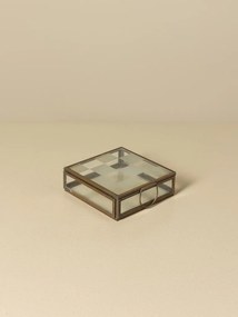 Set 3 cutii decorative din sticlă transparentă și metal auriu, capac cu balama și model în carouri mate, mâner inel, finisaj antichizat, 11 x 25 x 20