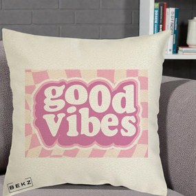 Perna Decorativa Good Vibes Retro Roz, 40x40 cm, Ecru, Husa Detasabila, Perna Inclusa, BEKZ®