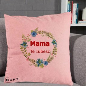 Cadou pentru Mama - Perna Personalizata Mama Te Iubesc Flori Albastre, 40x40 cm, Roz, Husa Detasabila, Perna Inclusa, BEKZ®