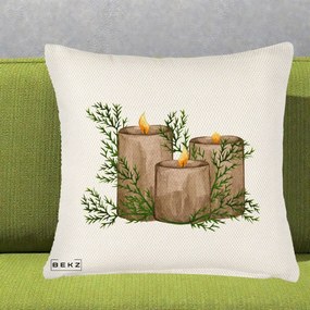 Perna Decorativa Lumanari Rustice cu Crengute Brad, 40x40 cm, Crem Reliefat, Husa Detasabila, Perna Inclusa, BEKZ®