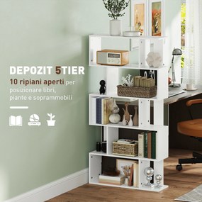 HOMCOM Bibliotecă Asimetrică în Formă de S cu 5 Niveluri și 10 Rafturi Deschise, 80x24x159 cm, Alb | Aosom Romania