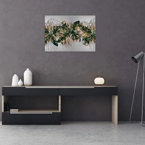 Tablou pe sticlă - Frunze tropicale, Galben - auriu (70x50 cm)