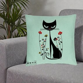 Perna Decorativa Pisica Neagra Grafica Flori Rosii, 40x40 cm, Verde Menta, Husa Detasabila, Perna Inclusa, BEKZ®