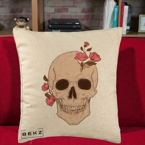 Perna Decorativa Craniu Floral Gothic, 40x40 cm, Bej, Husa Detasabila, Perna Inclusa, BEKZ®
