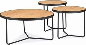 Set 3 măsuțe cafea DEMETER, stejar/negru, furnir/metal/MDF