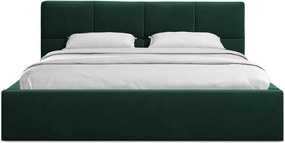 Pat matrimonial verde închis tapițat din catifea cu spațiu de depozitare cu somieră 140x200 cm Hiko – Makamii