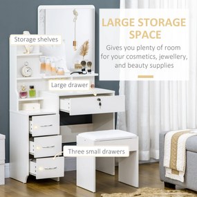 HOMCOM Post de machiaj cu oglindă mare din sticlă temperată, tocător de machiaj cu scaun căptușit, 4 sertare și 4 rafturi, post de machiaj pentru dormitor, alb | Aosom Romania