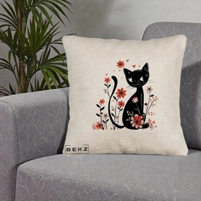 Perna Decorativa Pisica Neagra Flori Roz si Inimi, 40x40 cm, Bej Canapea, Husa Detasabila, Perna Inclusa, BEKZ®