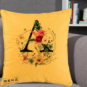 Cadou Personalizat - Perna Personalizata Monogram Litera A cu Flori Acuarela, 40x40 cm, Galben, Husa Detasabila, Perna Inclusa, BEKZ®
