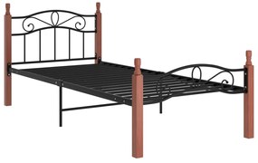 Cadru de pat, negru, 100x200 cm, metal si lemn masiv stejar Maro inchis, 100 x 200 cm
