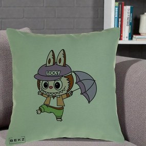Perna Personalizata Labubu Lucky cu Umbrela, 40x40 cm, Verde, Husa Detasabila, Perna Inclusa, BEKZ®