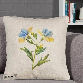 Perna Decorativa Botanica Frezie Galbena si Albastra, 40x40 cm, Bej Canapea, Husa Detasabila, Perna Inclusa, BEKZ®