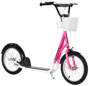 HOMCOM Trotinetă pentru copii cu frână, incl. coș, ghidon reglabil, pentru copii între 5 și 12 ani, Alb + Roz | Aosom Romania