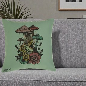 Perna Decorativa Ciuperci si Broaste Boho, 40x40 cm, Verde, Husa Detasabila, Perna Inclusa, BEKZ®