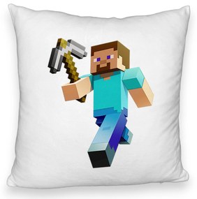 Perna Decorativa Fluffy, Model Minecraft Mining Steve, 40x40 cm, Alba, Husa Detasabila, Burduf