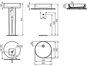 Lavoar pe blat alb 45 cm, rotund, Ideal Standard Conca