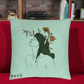 Perna Decorativa Portret Feminin Profil Flori Portocalii, 40x40 cm, Verde Menta, Husa Detasabila, Perna Inclusa, BEKZ®