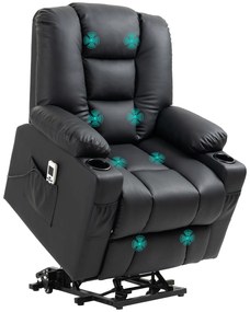 HOMCOM Fotoliu relaxant cu ajutor de ridicare, USB, functie de masaj, piele ecologica, pana la 150 kg, 90x98x102 cm, Negru | Aosom Romania