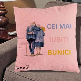 Cadou pentru Bunici - Perna Personalizata Cei Mai Iubiti Bunici Acuarela Spate, 40x40 cm, Roz, Husa Detasabila, Perna Inclusa, BEKZ®