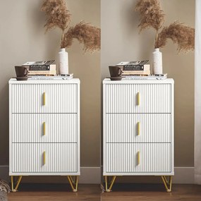NOA45 - Set 2x Noptiere albe 40x40x63cm, riflaje, cu sau fara Priza, cu 3 sertare, dormitor - Alb-Auriu