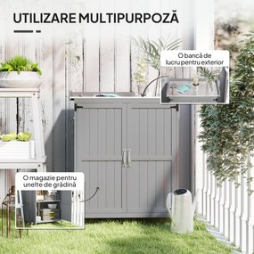 Outsunny Dulap de Exterior, Dulap pentru Ustensile cu Blat din Metal și Raft, Banc de Lucru din Lemn cu 2 Uși pentru Grădină, Terasă, Curte, Gri | Aosom Romania