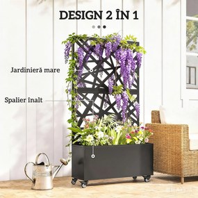 Outsunny Jardinieră pentru Grădină cu Roți și Grilaj, Jardinieră pentru Exterior cu Găuri de Drenaj din Metal, pentru Flori și Legume, pentru Grădină și Balcon, 90x30x160 cm, Negru | Aosom Romania