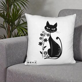 Perna Decorativa Pisica Neagra Grafica Minimalista, 40x40 cm, Alb Pufos, Husa Detasabila, Perna Inclusa, BEKZ®