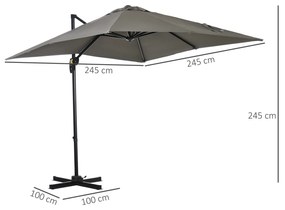 Outsunny Umbrelă de Grădină cu Manivelă, Rotire la 360° și Copertină Reglabilă pe 5 Niveluri, 2.5x2.5 m, Gri Deschis | Aosom Romania