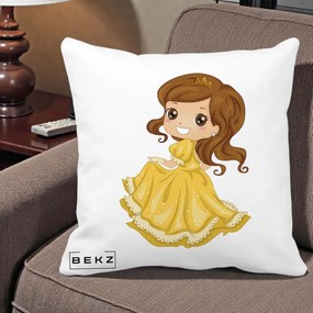 Perna Decorativa Printesa Bella Rochie Aurie, 40x40 cm, Alba Mata, Husa Detasabila, Perna Inclusa, BEKZ®