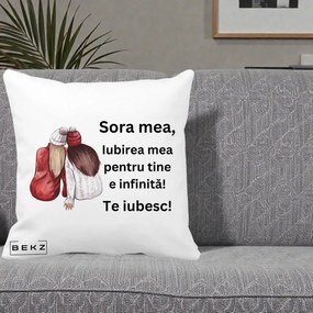 Cadou pentru Sora - Perna Personalizata Sora Mea Te Iubesc Doua Fete Iarna Acuarela, 40x40 cm, Alba Mata, Husa Detasabila, Perna Inclusa, BEKZ®