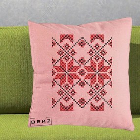 Perna Personalizata Motiv Traditional Cusatura Rosu-Negru, 40x40 cm, Roz, Husa Detasabila, Perna Inclusa, BEKZ®