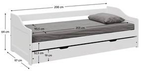 Pat cu pat suplimentar extensibil, alb, lemn masiv, 90x200, LAURA NEW