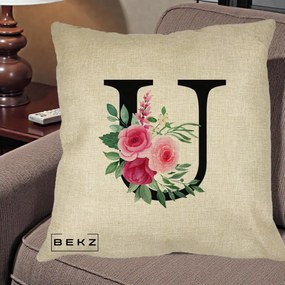 Cadou Personalizat - Perna Personalizata Monograma Florala Litera U, 40x40 cm, Crem, Husa Detasabila, Perna Inclusa, BEKZ®