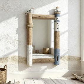 Oglindă decorativă 3D de perete din lemn reciclat și sticlă, 45×5×77 cm, „Lighthouse"