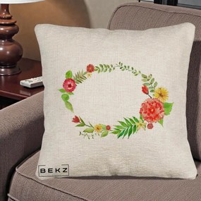 Perna Decorativa Coroana Florala Acuarela, 40x40 cm, Bej Canapea, Husa Detasabila, Perna Inclusa, BEKZ®