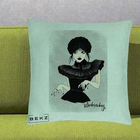 Perna Personalizata Wednesday Addams Portret Gotic, 40x40 cm, Verde Menta, Husa Detasabila, Perna Inclusa, BEKZ®