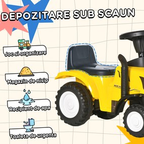 Tractor pentru Copii 12-36 Luni HOMCOM, Prevazut cu Loc cu Remorca, Grebla si Lopata, Joc Educativ, 91x29x44cm, Galben | Aosom Romania