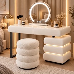Set ÉLORIA — Masă de Toaletă pentru Machiaj cu Oglindă iluminată LED, 3 culori, Control Touch, Comodă cu cu iluminare LED intre sertare, Taburet, Alb