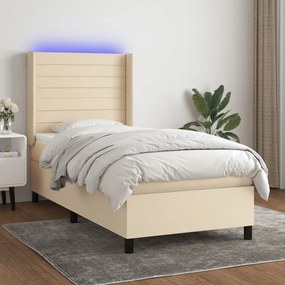 vidaXL Pat cu arcuri, saltea și LED, crem, 100x200 cm, textil