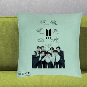 Perna Personalizata K-pop BTS Autografe Toti Membrii cu Fotografie, 40x40 cm, Verde Menta, Husa Detasabila, Perna Inclusa, BEKZ®