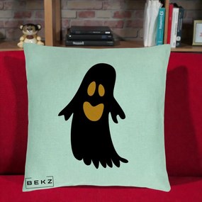Perna Decorativa Halloween Fantoma Neagra cu Ochi Portocalii, 40x40 cm, Verde Menta, Husa Detasabila, Perna Inclusa, BEKZ®