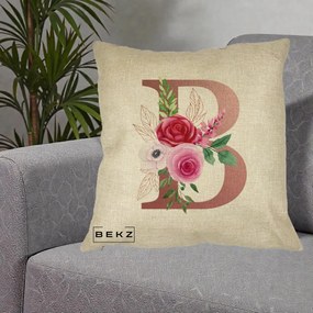 Cadou Personalizat - Perna Personalizata Monograma Rose Gold Litera B, 40x40 cm, Crem, Husa Detasabila, Perna Inclusa, BEKZ®