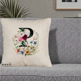 Cadou Personalizat - Perna Personalizata Monogram Litera P cu Flori Acuarela, 40x40 cm, Bej Canapea, Husa Detasabila, Perna Inclusa, BEKZ®