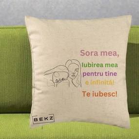 Cadou pentru Sora - Perna Personalizata Sora Mea Te Iubesc Line Art Fete Colorate Brate Ridicate, 40x40 cm, Bej, Husa Detasabila, Perna Inclusa, BEKZ®